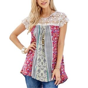 Suzanne Betro Boho Floral and Lace Tunic  Size XL